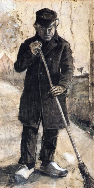 A Man with a Broom by Oil Painting Reproduction