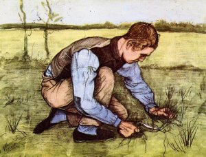 Boy Cutting Grass with a Sickle by Oil Painting Reproduction