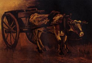 Cart with Red and White Ox by Oil Painting Reproduction