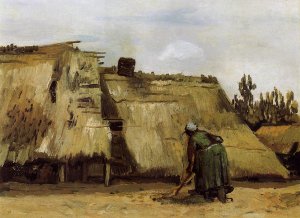 Cottage with Woman Digging by Oil Painting Reproduction