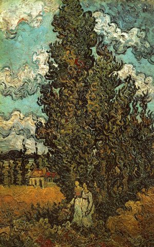 Cypresses and Two Women by Oil Painting Reproduction