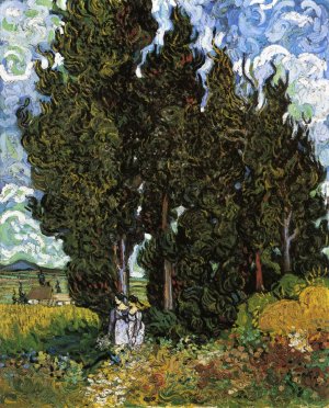 Cypresses with Two Women by Oil Painting Reproduction