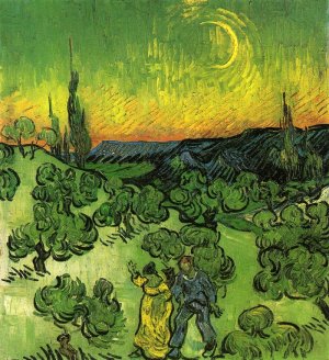 Landscape with Couple Walking and Crescent Moon by Vincent van Gogh Oil Painting Reproduction