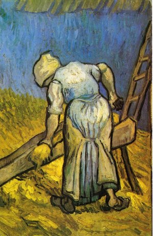 Peasant Woman Cutting Straw after Millet by Oil Painting Reproduction