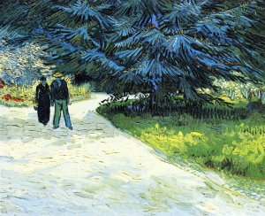 Public Garden with Couple and Blue Fir Tree by Oil Painting Reproduction