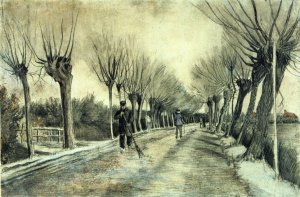 Road with Pollarded Willows and a Man with a Broom by Oil Painting Reproduction