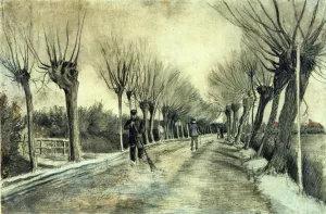 Road with Pollarded Willows and a Man with a Broom