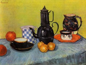 Still Life: Blue Enamel Coffeepot, Earthenware and Fruit by Oil Painting Reproduction