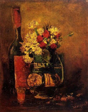 Vase with Carnations and Roses and a Bottle by Oil Painting Reproduction