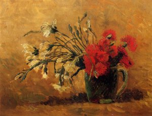 Vase with Red and White Carnations on a Yellow Background by Oil Painting Reproduction