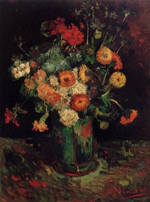 Vase with Zinnias and Geraniums by Oil Painting Reproduction